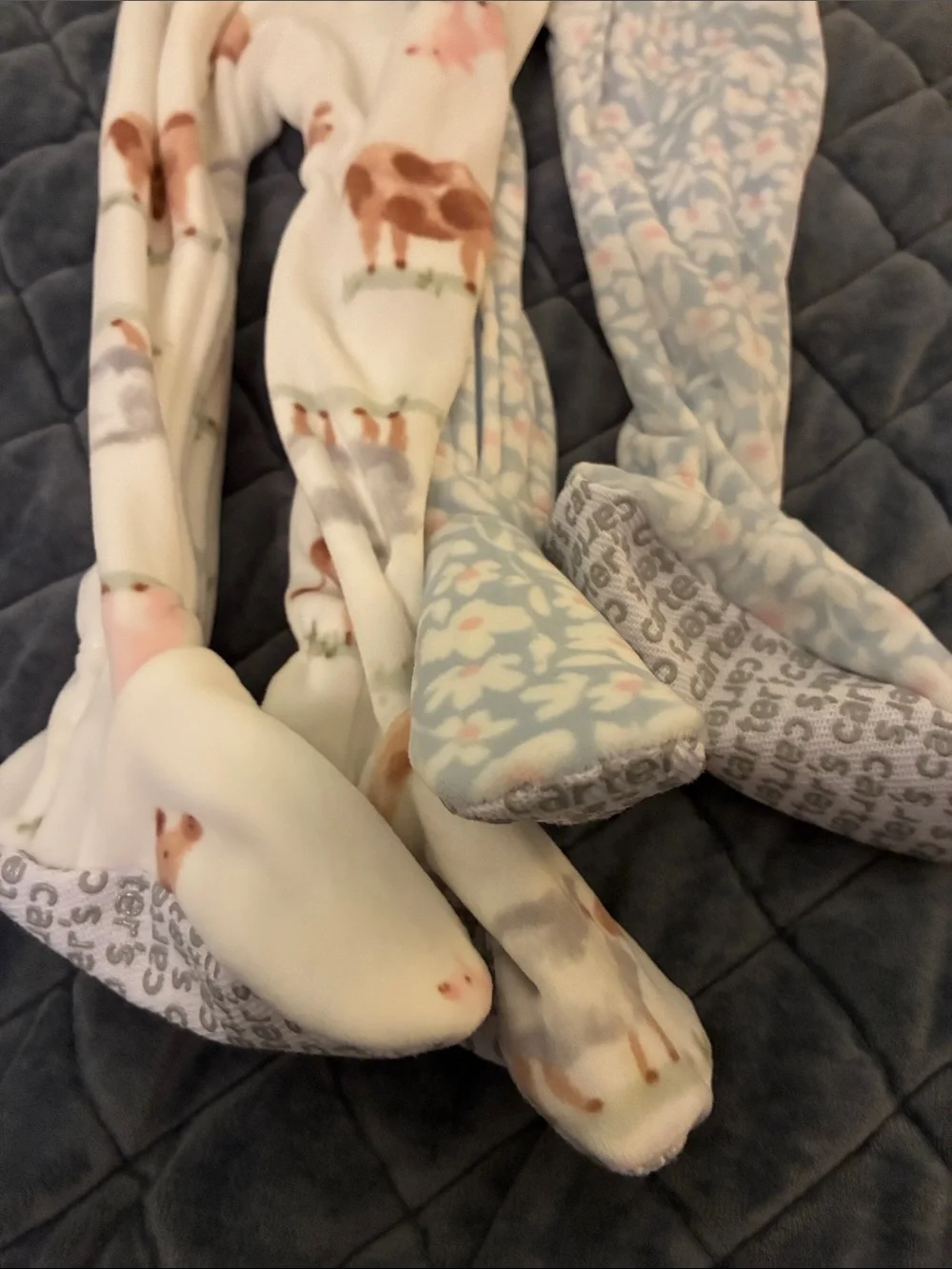 Carter's Light Blue Floral & Cream Farm Animal Footed One-Pieces (2 Pack)